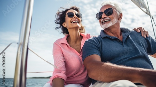 Smiling mature couple enjoying a boat ride.