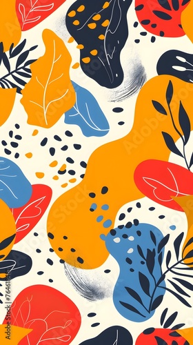 A modern illustration of abstract organic shapes mixed with leafy foliage in a fresh and contemporary color palette, suitable for various creative uses.