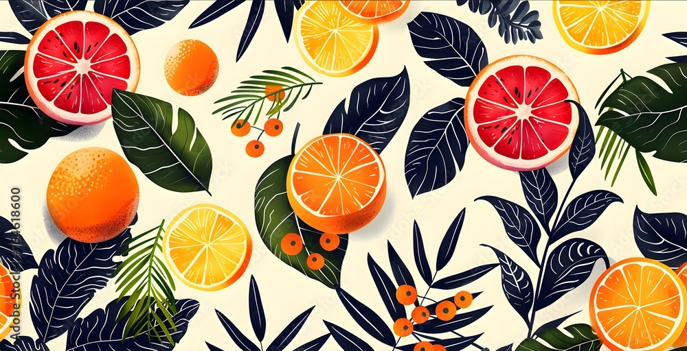 Complemented by decorative leaves and abstract elements, a vibrant illustration portrays an assortment of citrus fruits. Complemented by decorative leaves and abstract elements, a vibrant illustration portrays an assortment of citrus fruits.