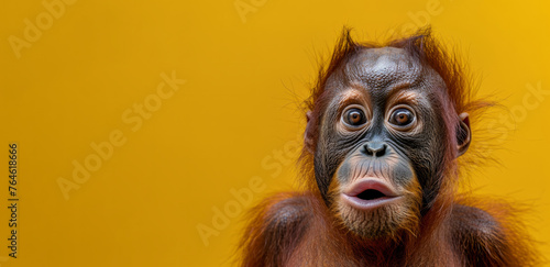 A baby orangutan with a big open mouth. The baby is looking at the camera with a surprised expression. Orangutan looking surprised, reacting amazed, impressed, standing over yellow background © Nataliia_Trushchenko