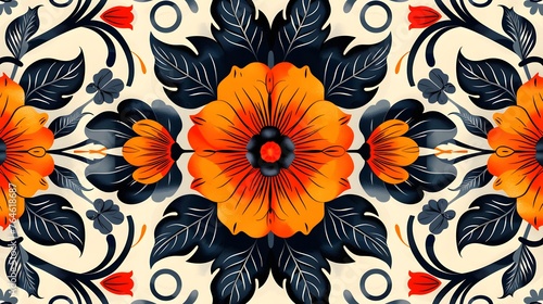 A striking vintage-inspired floral pattern featuring bold orange flowers with dark blue foliage on a cream background  perfect for textiles and wallpapers.