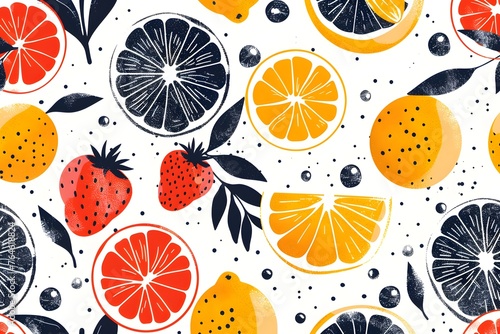 An assortment of citrus fruits is portrayed in a vibrant illustration, complemented by decorative leaves and abstract elements.