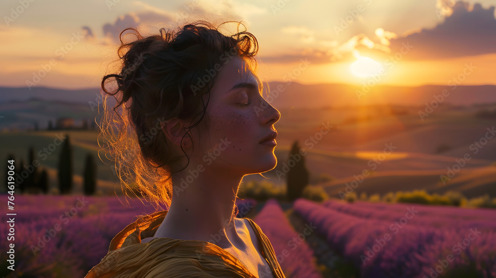 Young woman looking up at the sky at sunset