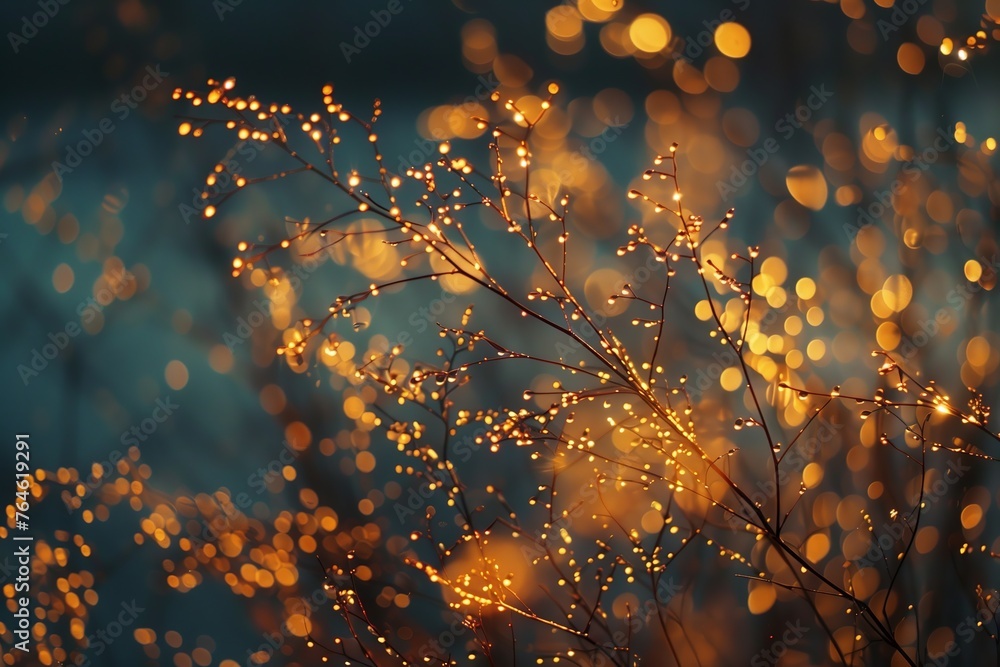 Golden bokeh lights sparkling on a dark background.