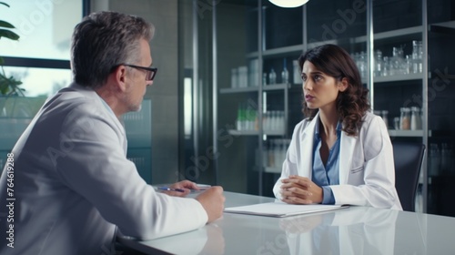 A pharmaceutical sales representative engaged in an informative conversation with a female doctor, discussing the latest advancements in medical treatments and medications, captured with precision 