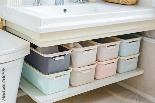 storage bins in pastel shades organized under a bathroom sink