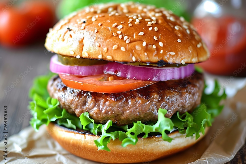 Big burger with meat, cheese, tomatoes, lettuce, onion on the table. Small business development concept, fast food, unhealthy food. Big burger with meat, cheese, tomatoes, lettuce, onion on the table. Small business development concept, fast food, unhealthy food.
