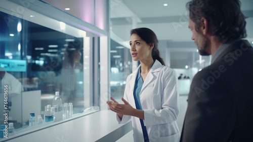 A pharmaceutical sales representative engaged in a discussion with a female doctor in a modern medical building, as they review medications and treatment options photo