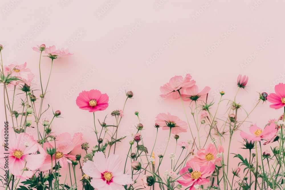 Colorful flowers against a soft pink background.