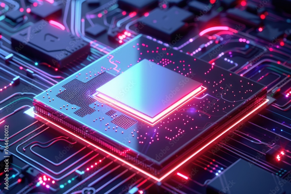 Advanced circuit board with glowing neon trails, showcasing high-tech electronic architecture and data processing in a vibrant technology concept - AI generated Advanced circuit board with glowing neon trails, showcasing high-tech electronic architecture and data processing in a vibrant technology concept - AI generated