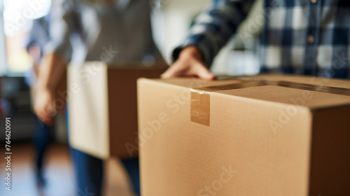 Close-up of hands lifting a cardboard box, focus on moving day concept, ideal for relocation and delivery services – AI-Generated