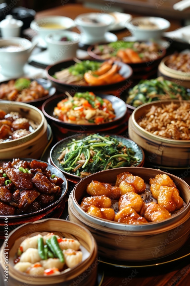 Asian cuisine with meat on a dark background in a restaurant, vertical
