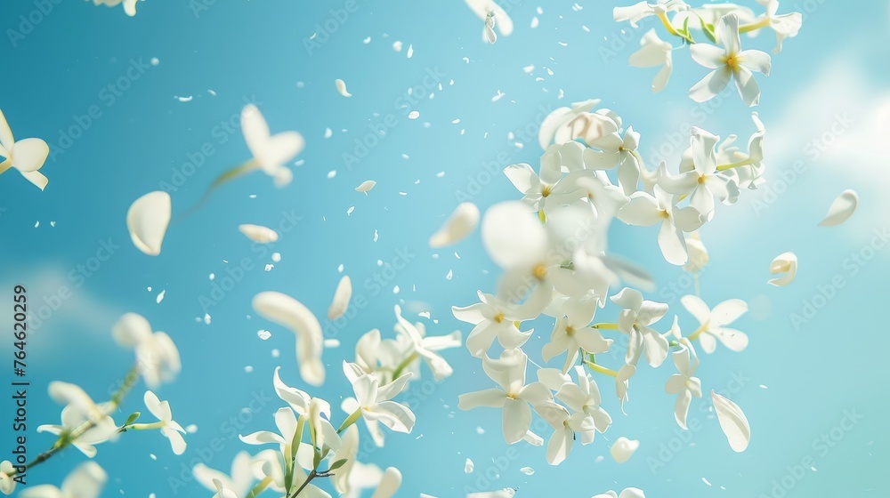 Jasmine petals floating down against a serene blue sky