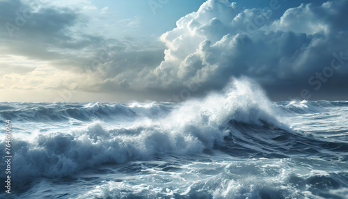 The ocean is rough and the sky is cloudy. The waves are crashing against the shore. Scene is intense and dramatic photo