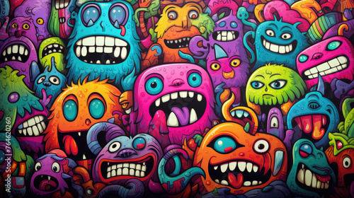Abstract grunge urban pattern with monster character  Super drawing in graffiti style  bright vibrant retro colors  blue  pink  orange and purple  multicolors background.