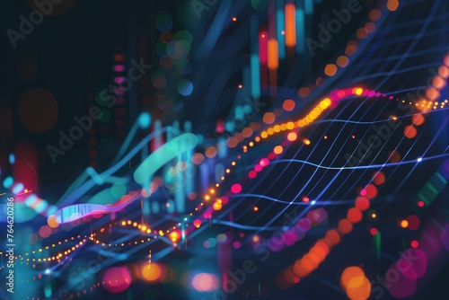 Abstract visualization of market volatility with dynamic glowing financial graphs on a dark background, signifying economic fluctuations - AI generated
