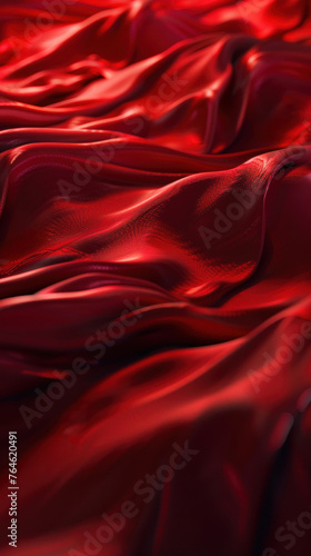 Close-up image capturing the luxurious texture and depth of a wavy, rich red satin fabric reflecting light