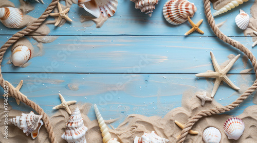 Sea-themed craft materials like shells  starfish  and sand arranged on a blue wooden board for a project
