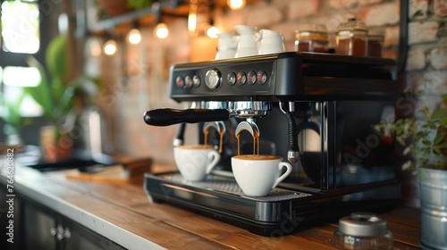 Modern coffee machine pouring fresh espresso into a cup on marble countertop photo
