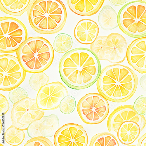 Watercolor painting seamless of many oranges and limes with a yellow background. The oranges and limes are in various sizes and are scattered throughout the painting