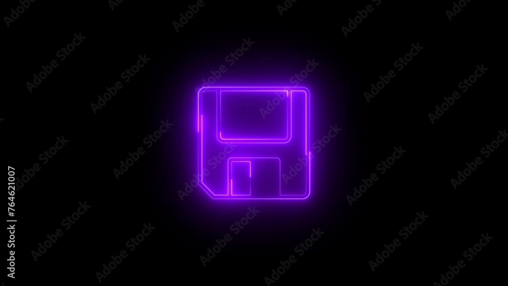 Neon glowing purple floppy disk icon animation in black background Neon glowing purple floppy disk icon animation in black background