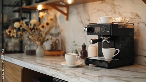 Modern coffee machine pouring fresh espresso into a cup on marble countertop photo