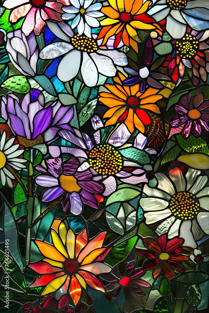 A stained glass masterpiece filled with an intricate array of wildflowers, each petal and leaf detailed against the light. A stained glass masterpiece filled with an intricate array of wildflowers, each petal and leaf detailed against the light.