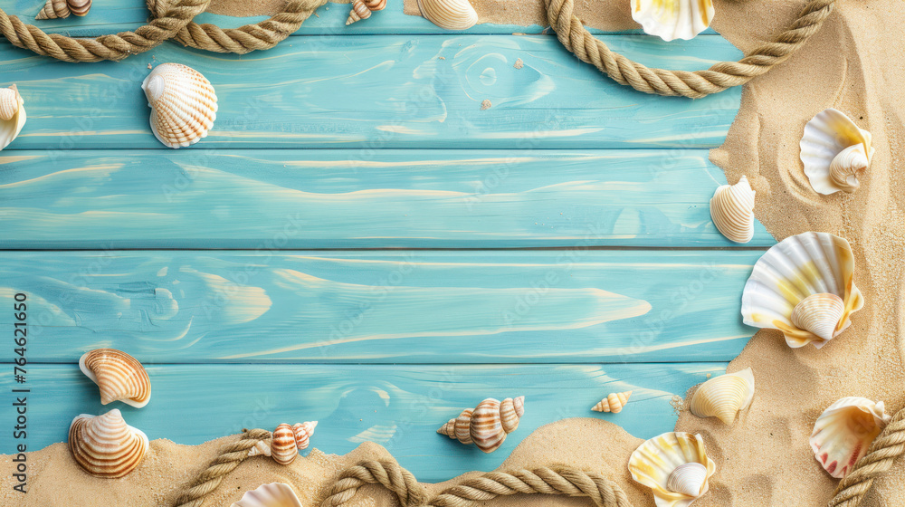 Obraz premium Ocean arrangement with ropes, shells, and sand on a blue wooden surface depicting a summer beach setting