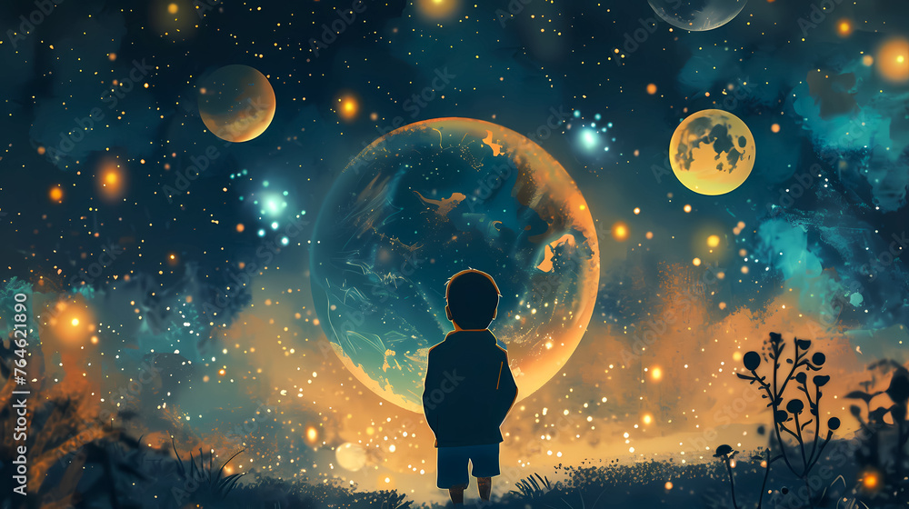  child looking at sky in cosmos, planets, book illustrations. Child dream and hope concept.