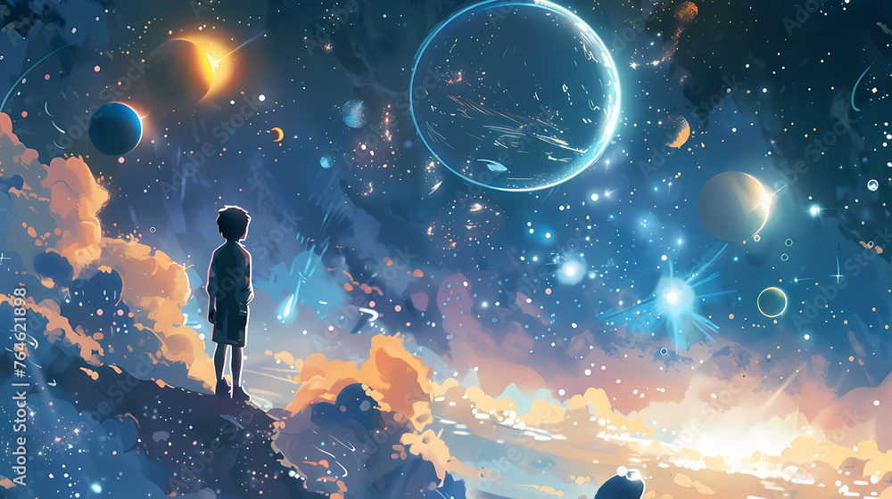 Fototapeta premium child looking at sky in cosmos, planets, book illustrations. Child dream and hope concept.
