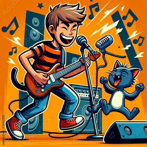 illustration of a cartoon teenager, singing and playing an electric guitar, with an enthusiastic cat dancing