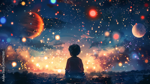  child looking at sky in cosmos, planets, book illustrations. Child dream and hope concept.