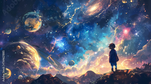 Wallpaper Mural  child looking at sky in cosmos, planets, book illustrations. Child dream and hope concept. Torontodigital.ca