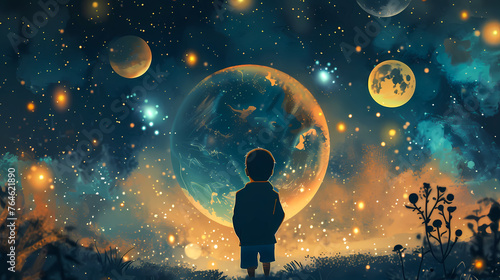  child looking at sky in cosmos, planets, book illustrations. Child dream and hope concept.