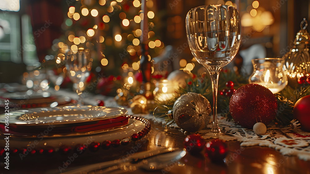 A close-up view of a beautiful Christmas dinner table, perfect for festive holiday gatherings. A close-up view of a beautiful Christmas dinner table, perfect for festive holiday gatherings.