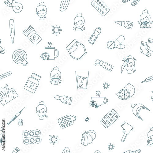 Seamless pattern of icons cold or flu, Illness in doodle style. Fever treatment in continuous print. Signs medical healthcare. Isolated vector illustration