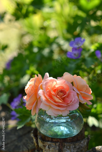Small bouquet of roses in a glass vase in the garden