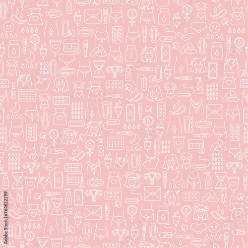 Seamless pattern of menstruation period elements and woman flat icons. Various feminine hygiene products, menstrual protection icons in continuous print. Isolated vector illustration