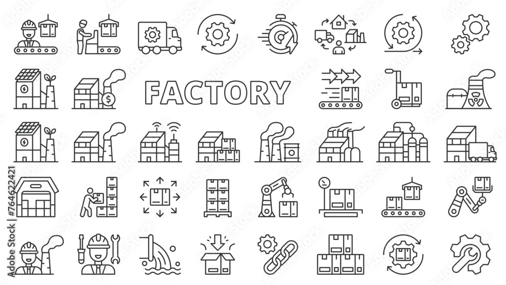 Factory icons in line design. Industry, manufacturing, work, technology, industrial, smart factory, conveyor isolated on white background vector. Factory editable stroke icons.