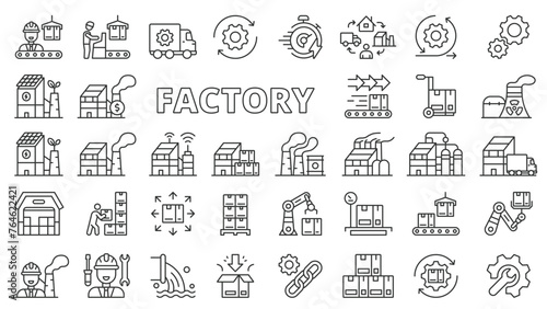 Factory icons in line design. Industry, manufacturing, work, technology, industrial, smart factory, conveyor isolated on white background vector. Factory editable stroke icons.