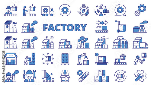 Factory icons in line design, blue. Industry, manufacturing, work, technology, industrial, smart factory, conveyor isolated on white background vector. Factory editable stroke icons.