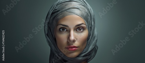 A woman wearing a gray scarf and a black top is captured in the image. photo