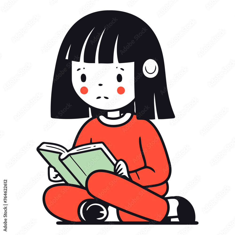 Little girl reading a book in a flat style.