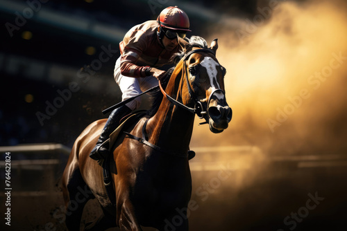 Man riding horse. Rider is riding thoroughbred racehorse. Jockey at racetrack competition. Horseback riding