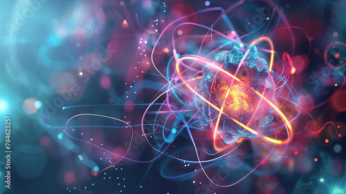 Abstract background illustration representing the sign of atom model with nucleus in the center and electrons rotating around as a symbol of technology, nanotechnology,