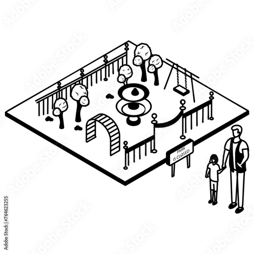 Dad and Son Standing outside vector icon design, Public Garden is Closed symbol, Buy Operating Business Commercial Deal stock illustration, Public Space Park is Closed Sign isometric concept