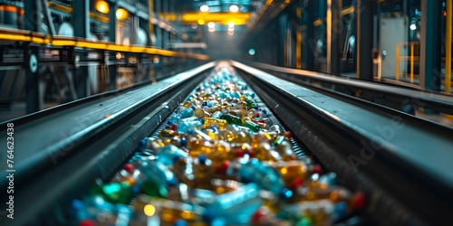 Factory conveyor belt with waste bottles moving through recycling facility process. Concept Waste Management, Recycling Process, Conveyor Technology, Sustainability Practices, Industrial Recycling