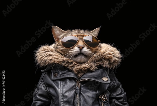 A cute happy smiling fluffy cat wearing sunglasses and leather jacket on black background