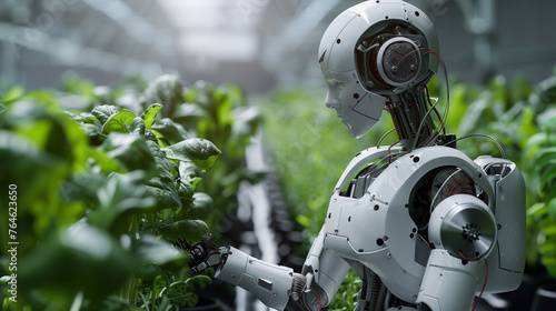 humanoid robot android farmer helps grow plants, vegetable garden of the future, futuristic food growing technology, agriculture development::