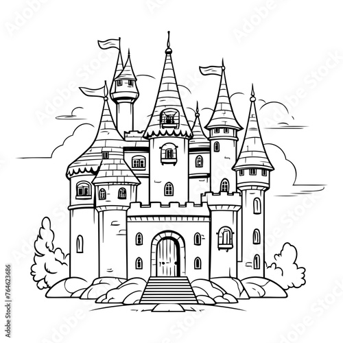 Fairytale castle. Black and white vector illustration for coloring book.